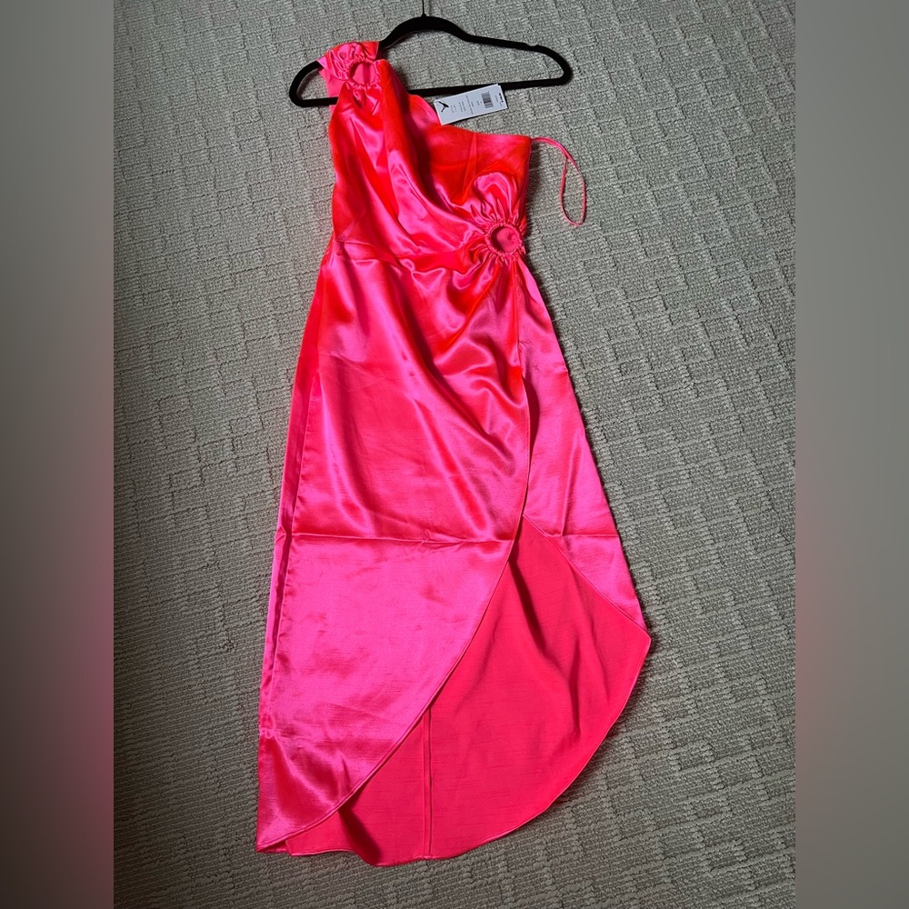 French Connection One-Shoulder Satin Dress in Bright Hot Pink